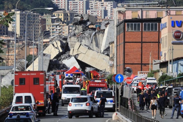 A view from the road below the A10 freeway, which the viaduct collapsed onto. Photo: Valery Hache / AFP